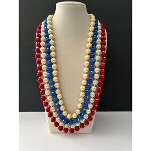 4 Vintage Gold Tone Cream RED WHITE & BLUE Silk Satin Thread Beaded Necklaces EC